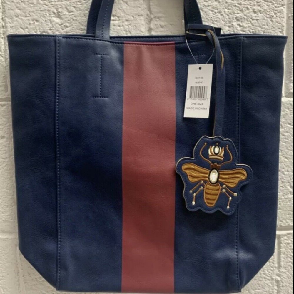 Saks Fifth Avenue Tote Bag Queen Bee Embellishment Navy Blue w/ Stripe NEW